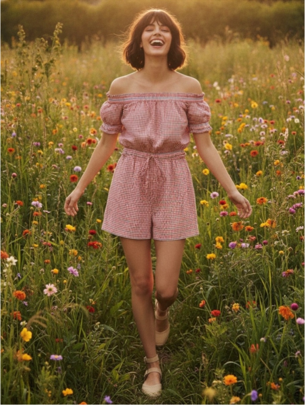 Anthropologie Gingham Check Off-the-Shoulder Romper Sz M w MEASUREMENTS Pockets